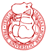 UNiMUT-Logo mit zähnefletschendem Gummibärchen auf FU-Siegel (rot auf weiß)