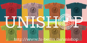 Unishop-Logo (8 bunte T-Shirts auf 8 bunten Hintergründen / Schriftzug Unishop)