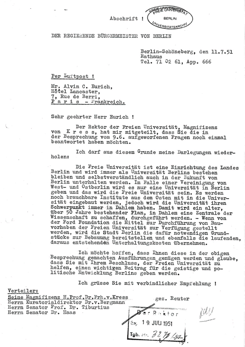 Brief von Ernst Reuter an Alvin C. Eurich