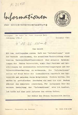 Titelseite: Informationen der Universitätsverwaltung 1/1965