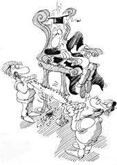Karikatur von P. Butschkow: Studenten sägen am Stuhl des Professors