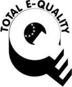 Logo: Schriftzug Total E-Quality mit einem plastischen Q und Treppenstufen